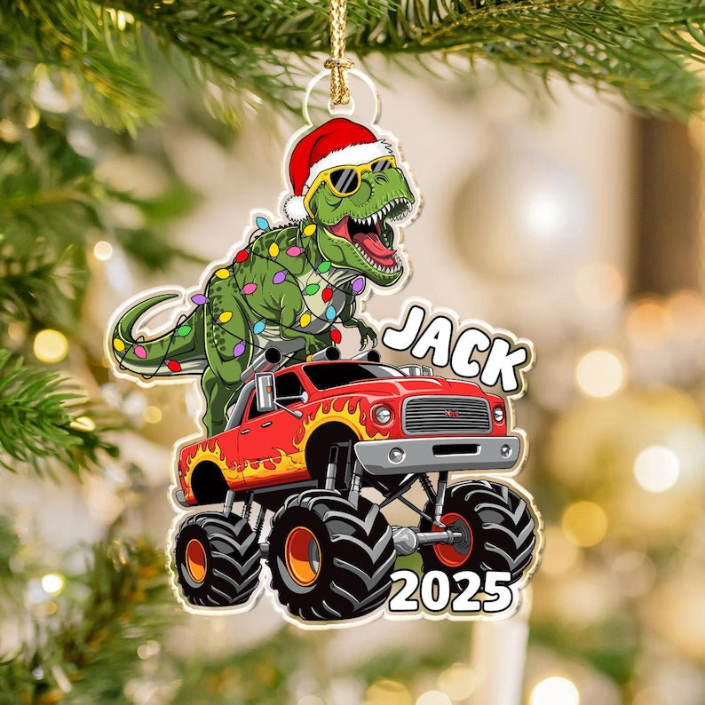 Personalized Boy Christmas Ornament, Dinosaur Riding Monster Truck Ornament
