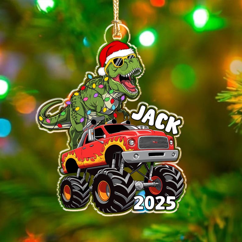 Personalized Boy Christmas Ornament, Dinosaur Riding Monster Truck Ornament