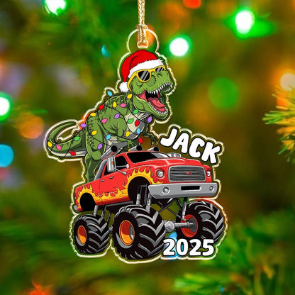Personalized Boy Christmas Ornament, Dinosaur Riding Monster Truck Ornament