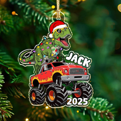 Personalized Boy Christmas Ornament, Dinosaur Riding Monster Truck Ornament