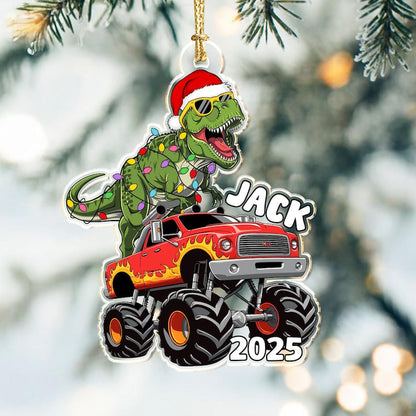 Personalized Boy Christmas Ornament, Dinosaur Riding Monster Truck Ornament
