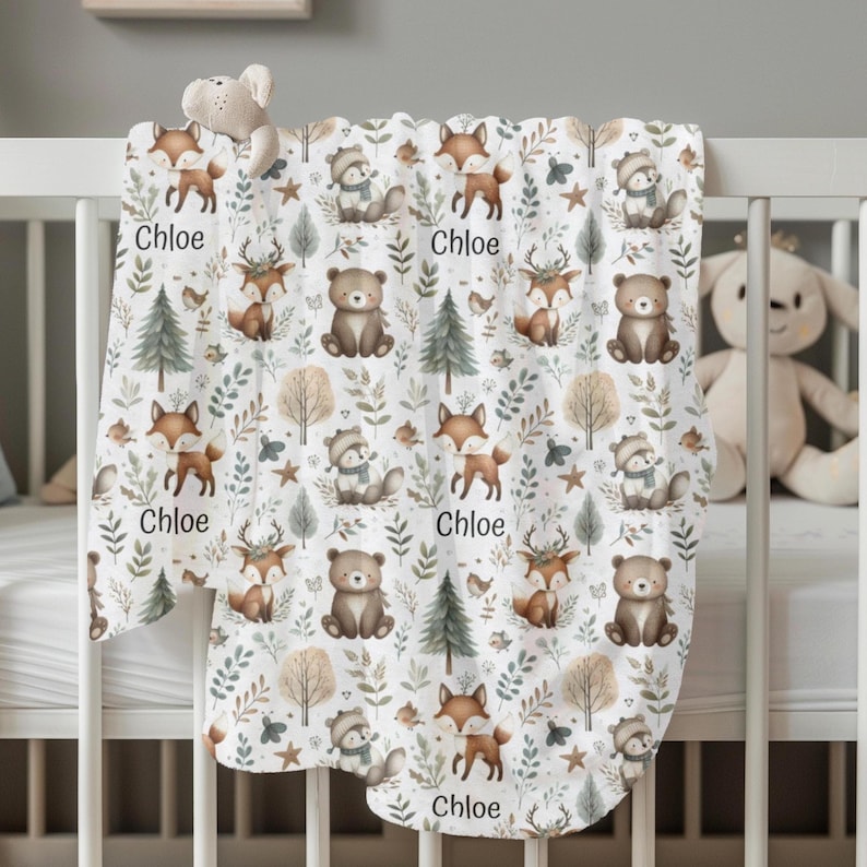 Woodland Animal Blanket Personalized Plush Velveteen Baby Throw for Kids
