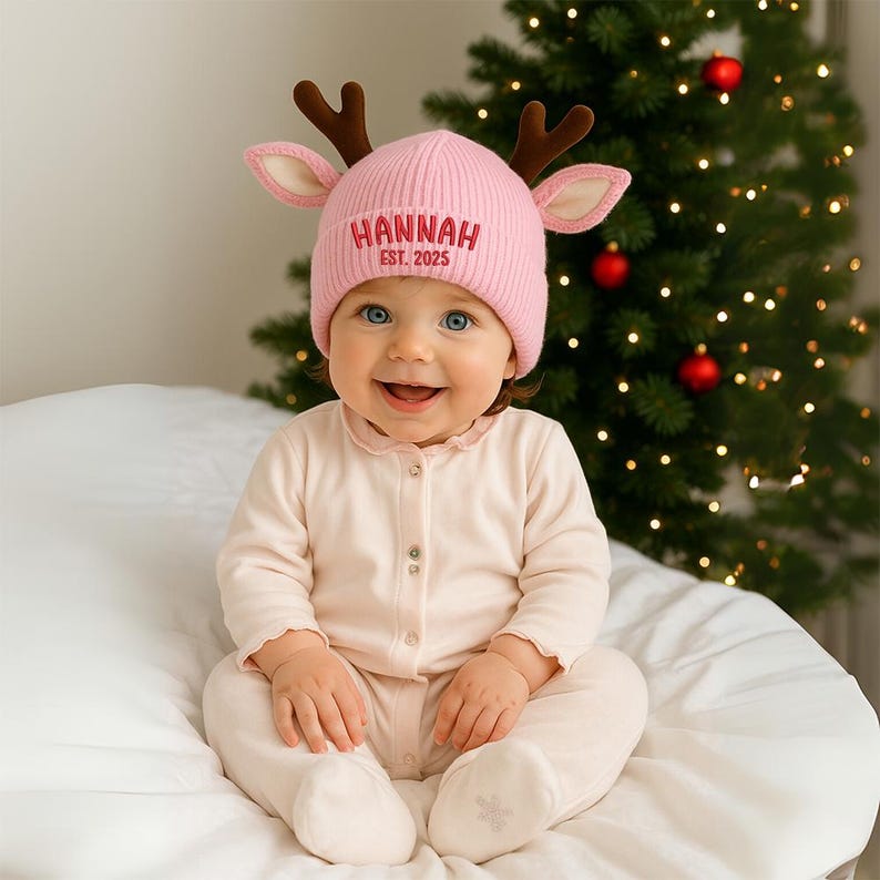 Personalized Reindeer Baby Beanie, Custom Knit Christmas Hat with Name