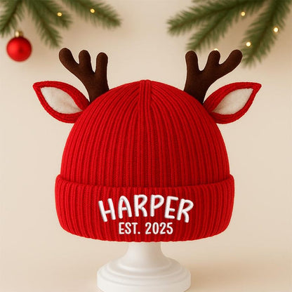 Personalized Reindeer Baby Beanie, Custom Knit Christmas Hat with Name