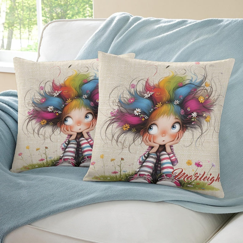 Personalized Cute Cartoon Quirky Girl Throw Pillow Cover with Name