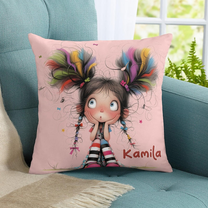 Personalized Cute Cartoon Quirky Girl Throw Pillow Cover with Name