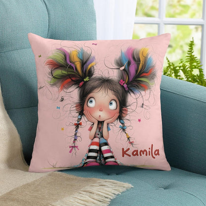 Personalized Cute Cartoon Quirky Girl Throw Pillow Cover with Name
