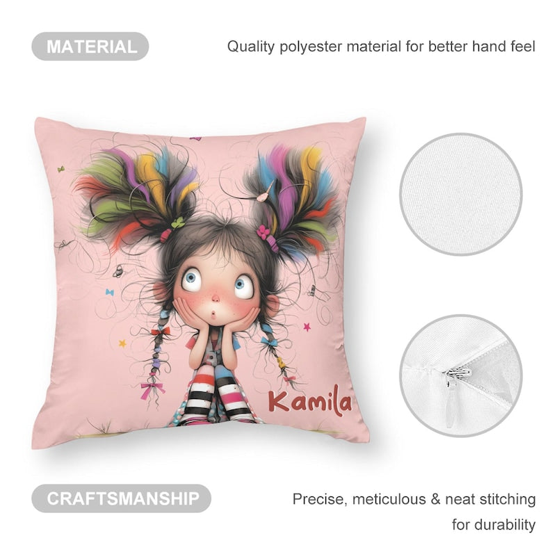 Personalized Cute Cartoon Quirky Girl Throw Pillow Cover with Name
