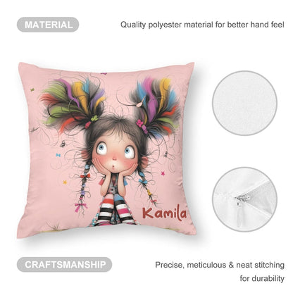 Personalized Cute Cartoon Quirky Girl Throw Pillow Cover with Name