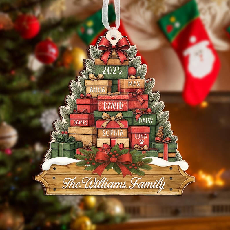 Family Christmas Ornament 2025, Personalized Stacked Gifts Family Ornament