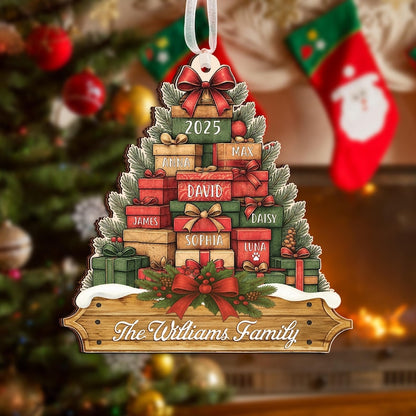 Family Christmas Ornament 2025, Personalized Stacked Gifts Family Ornament