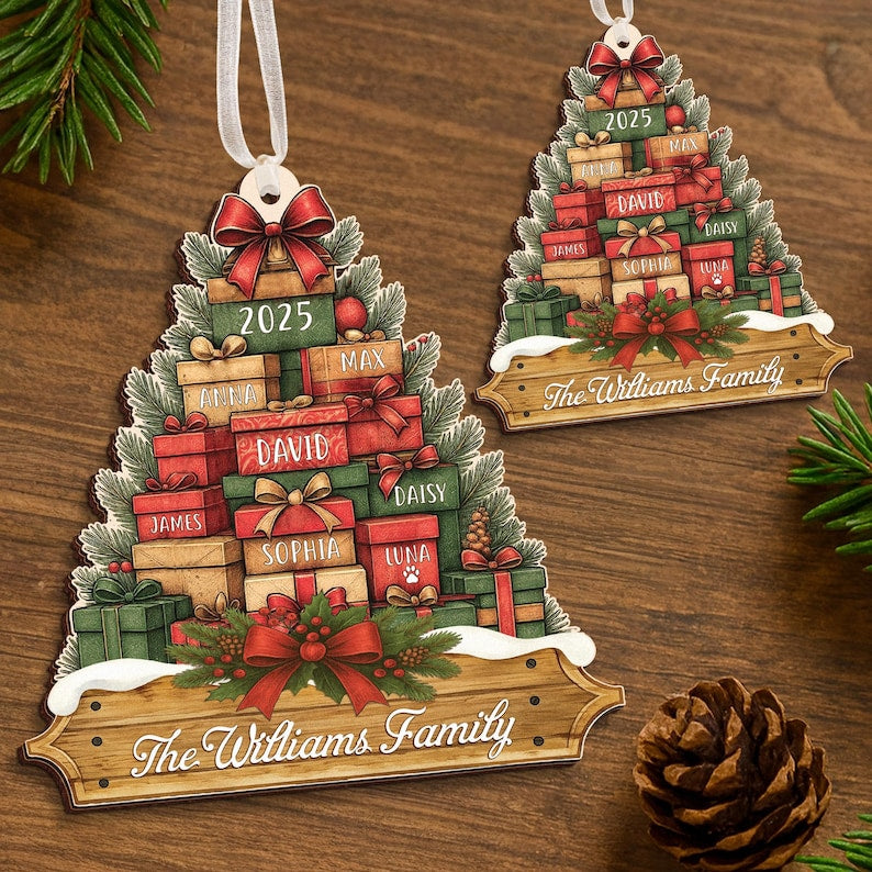 Family Christmas Ornament 2025, Personalized Stacked Gifts Family Ornament