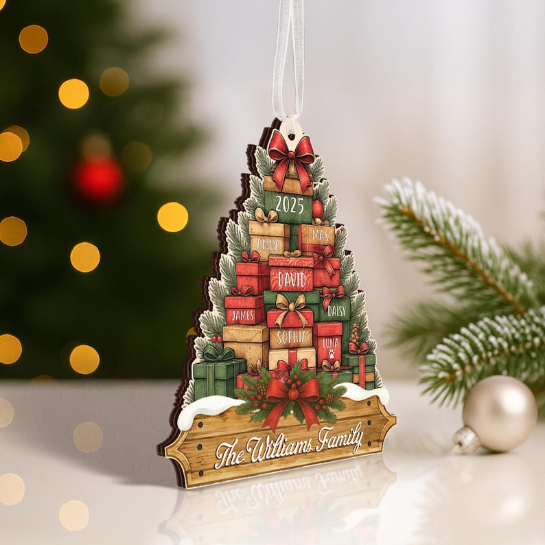 Family Christmas Ornament 2025, Personalized Stacked Gifts Family Ornament