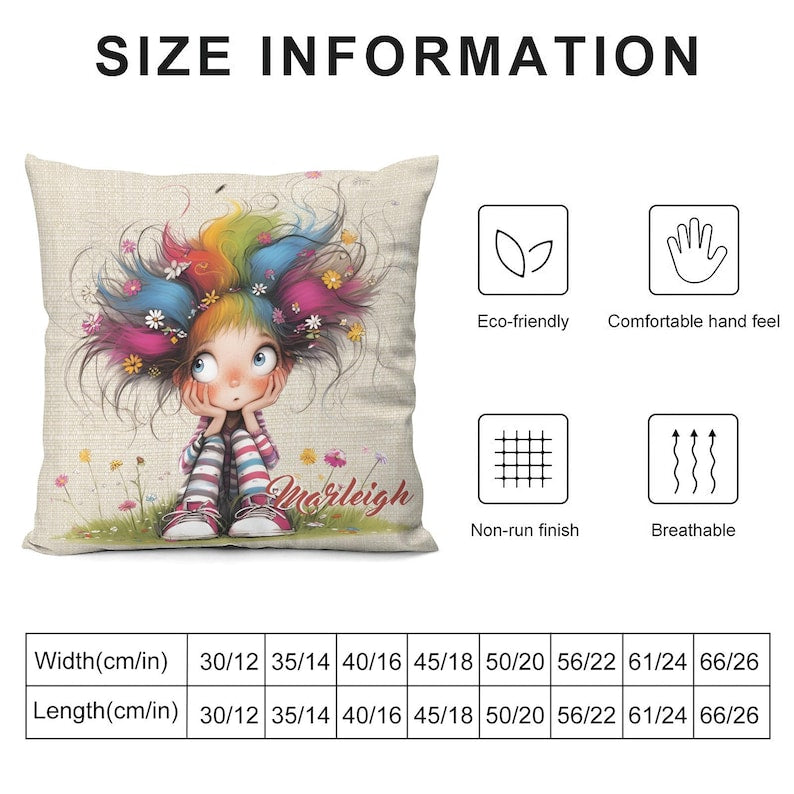 Personalized Cute Cartoon Quirky Girl Throw Pillow Cover with Name