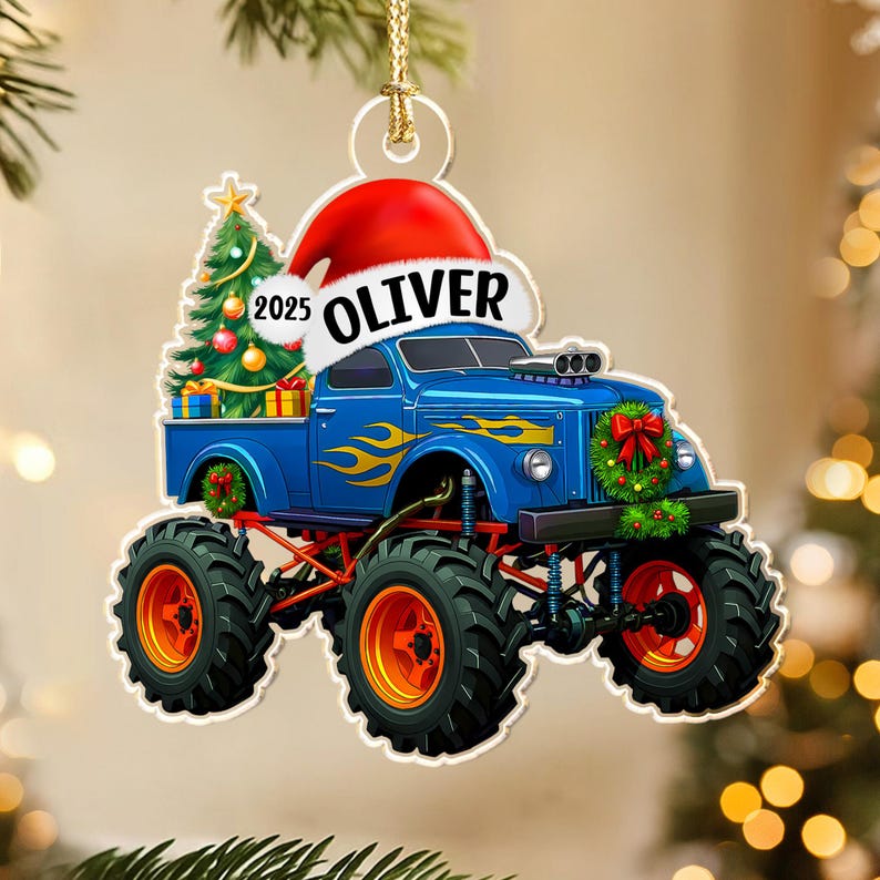 Personalized Monster Truck Christmas Ornament with Name: Kids Boy Xmas Gifts