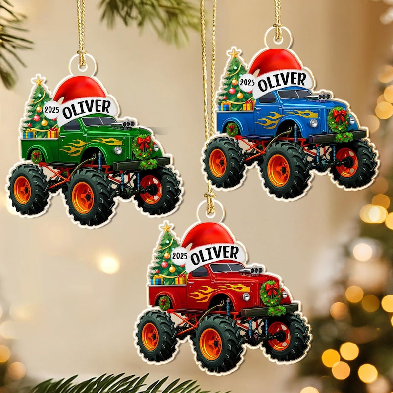 Personalized Monster Truck Christmas Ornament with Name: Kids Boy Xmas Gifts