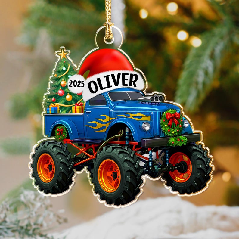 Personalized Monster Truck Christmas Ornament with Name: Kids Boy Xmas Gifts