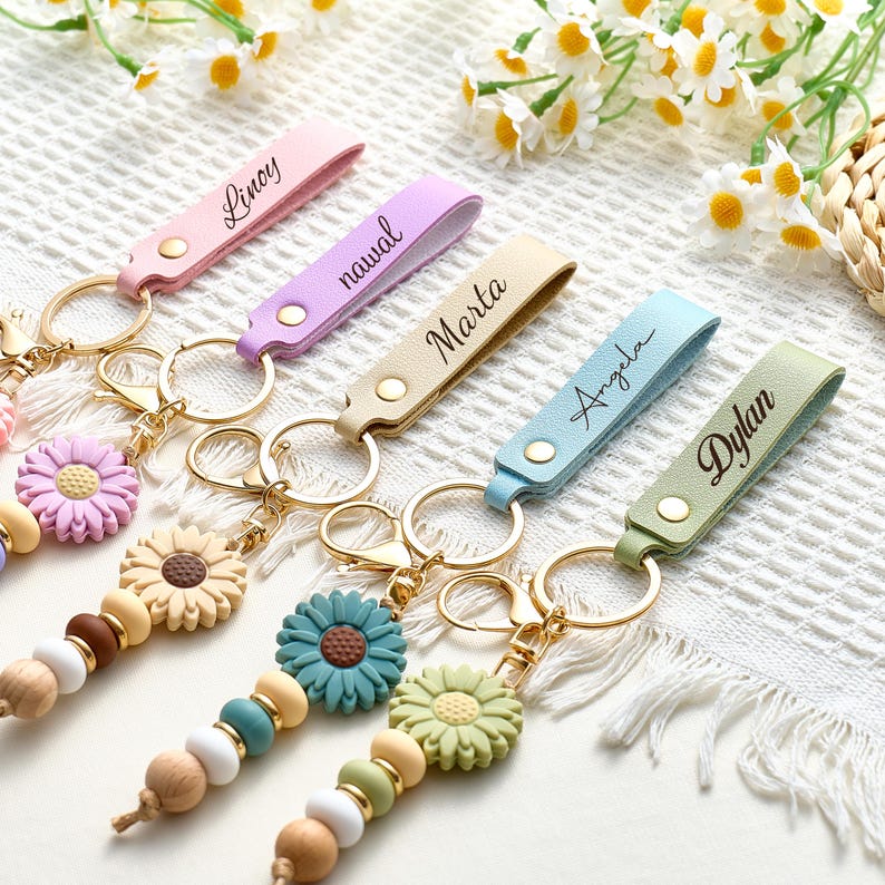 Personalised Daisy Beaded Keyring for Girls