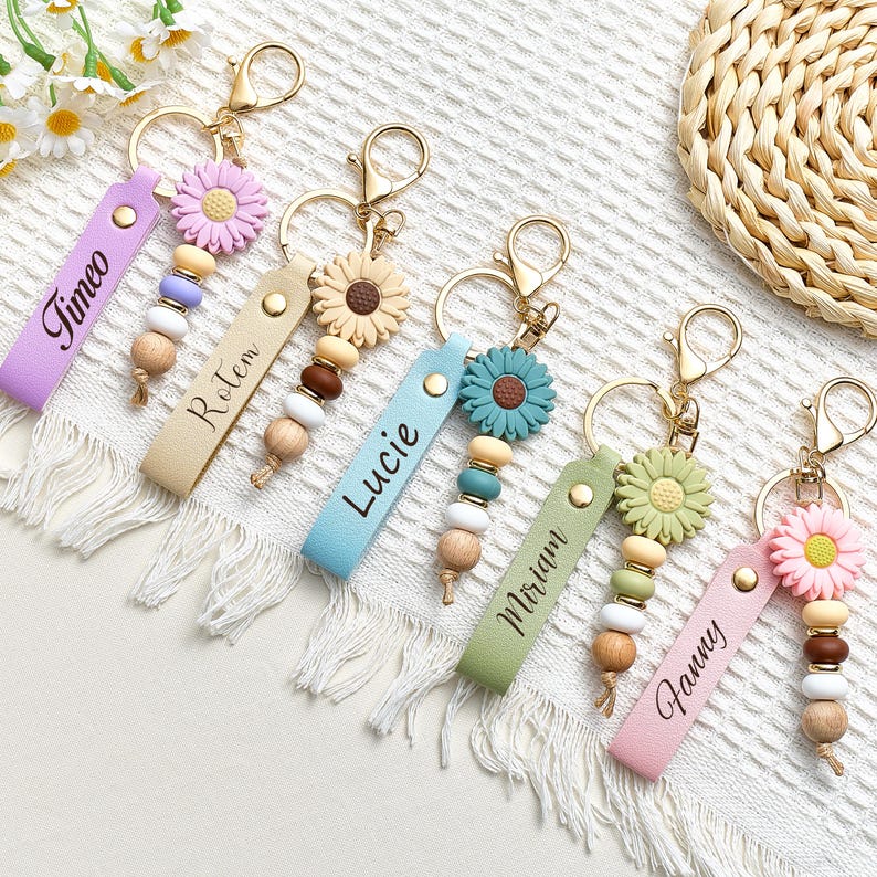 Personalised Daisy Beaded Keyring for Girls