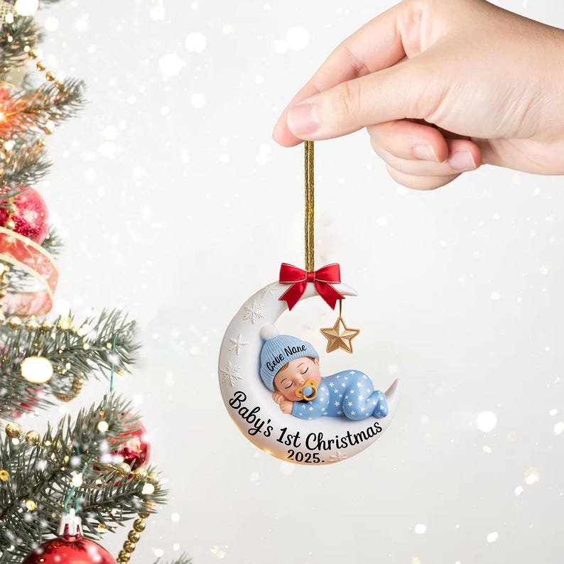 Baby’s First Christmas Ornament, Moon Acrylic Keepsake, Personalized Newborn Gift