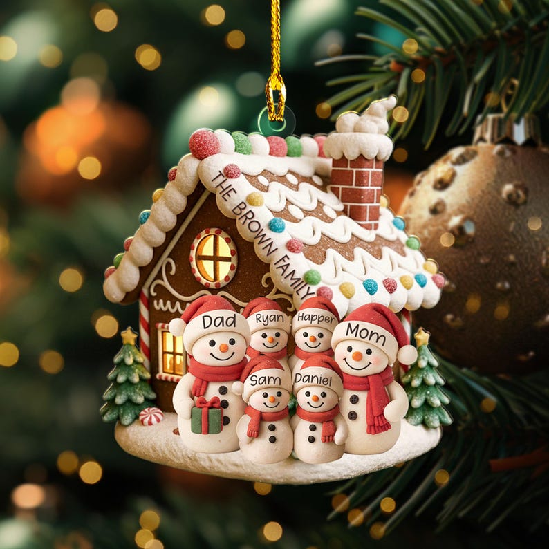 Personalized Gingerbread House Ornament, Custom Snowman Family Gift