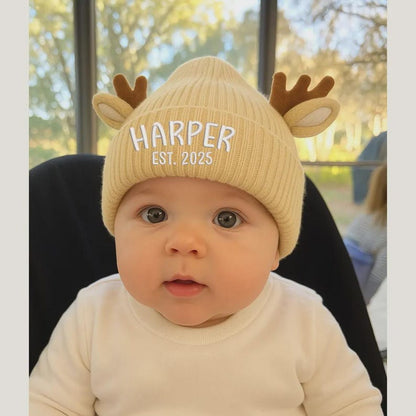 Personalized Reindeer Baby Beanie, Custom Knit Christmas Hat with Name