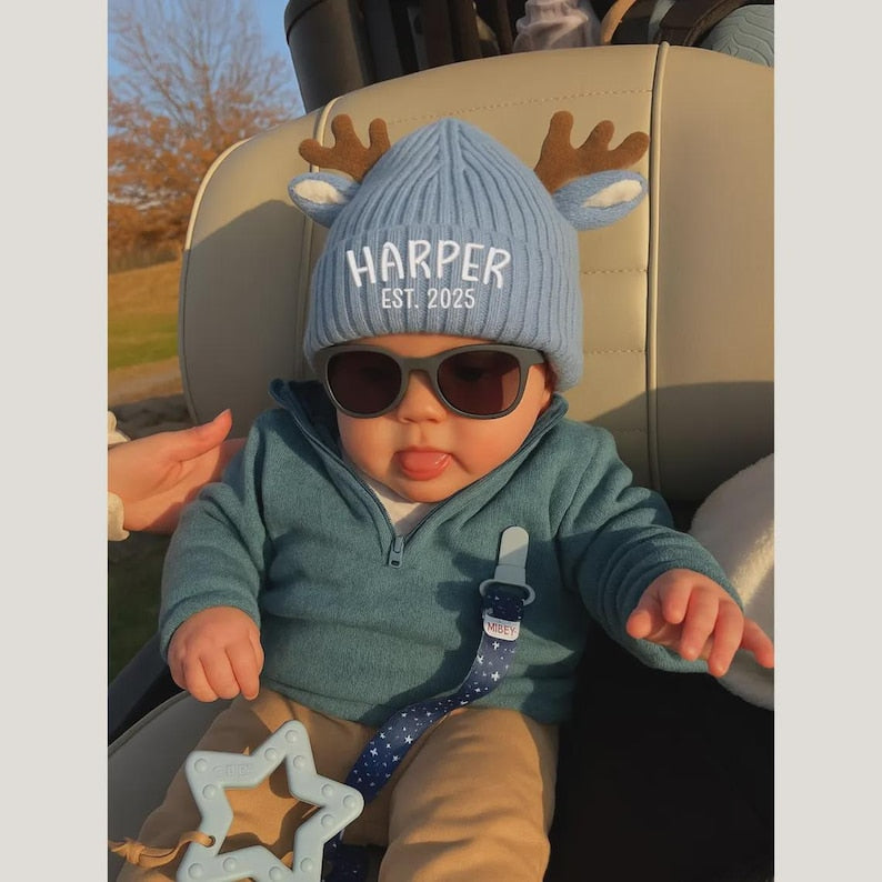 Personalized Reindeer Baby Beanie, Custom Knit Christmas Hat with Name