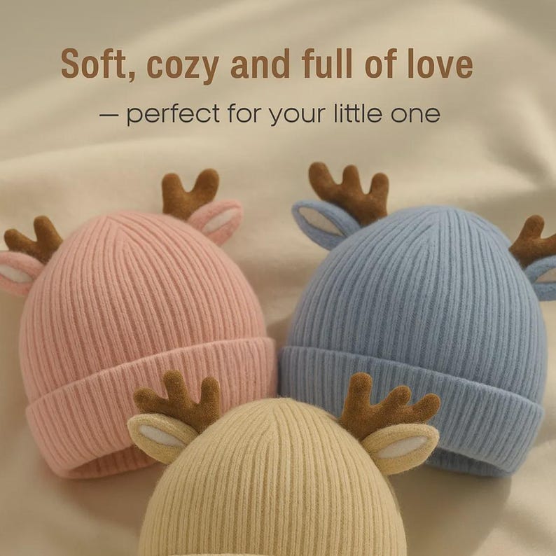 Personalized Reindeer Baby Beanie, Custom Knit Christmas Hat with Name
