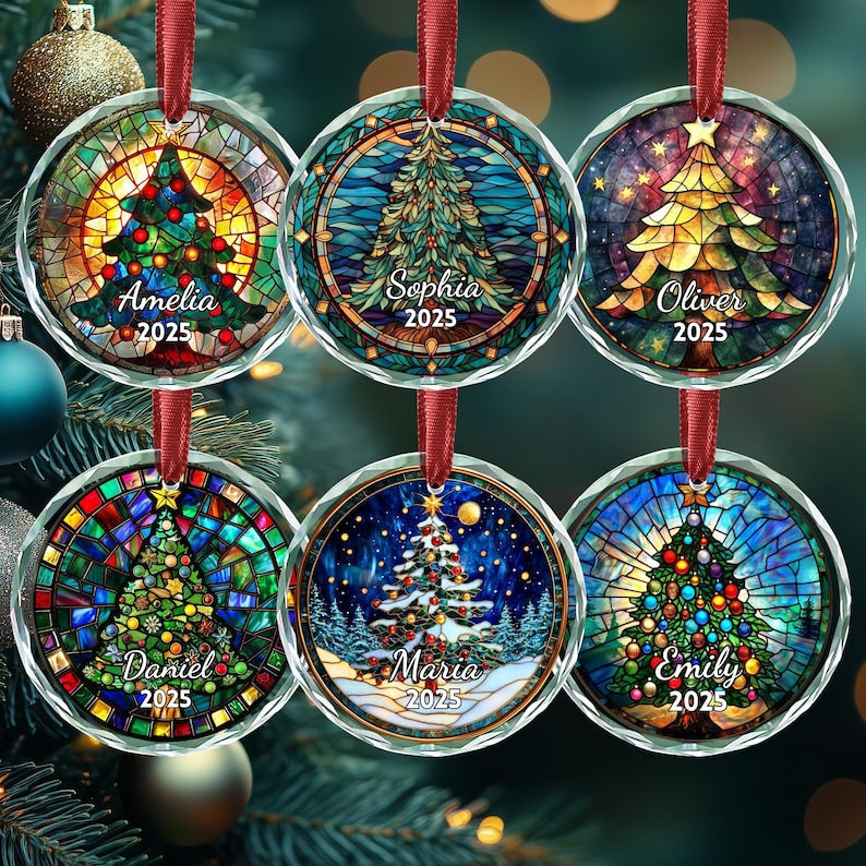 Personalized Christmas Tree Stained Glass Ornament, Custom Name Holiday Tree Decoration