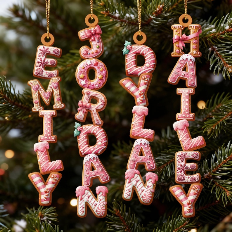 Pink Christmas Gingerbread Alphabet Ornament, Christmas Tag for Stockings