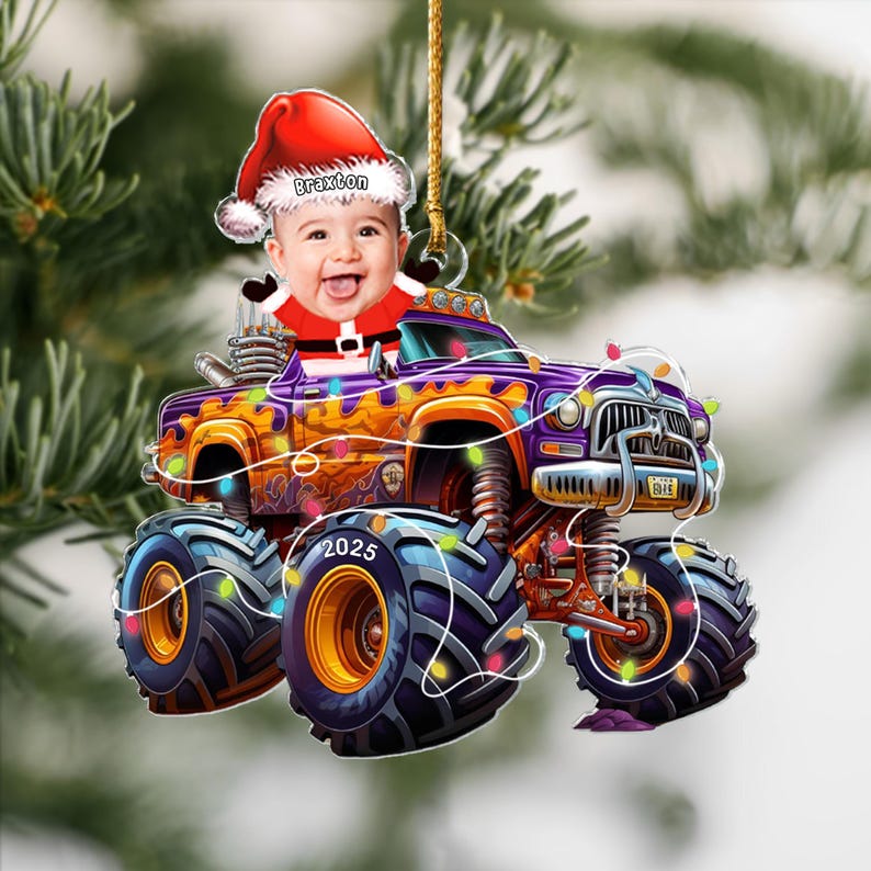 Custom Photo Kid Face Monster Truck Ornament, Personalized Acrylic Photo Ornament
