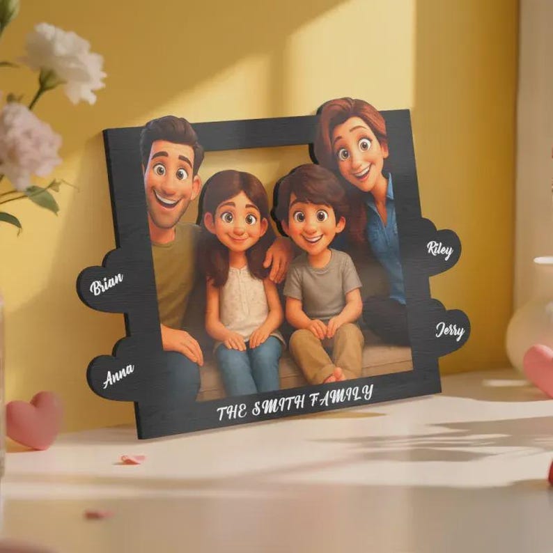 Engraved Cartoon Photo Frame: Personalized Pixar-Style Family Gift
