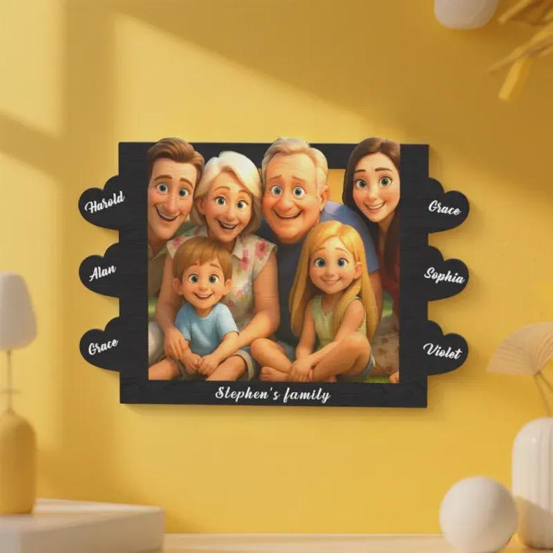 Engraved Cartoon Photo Frame: Personalized Pixar-Style Family Gift