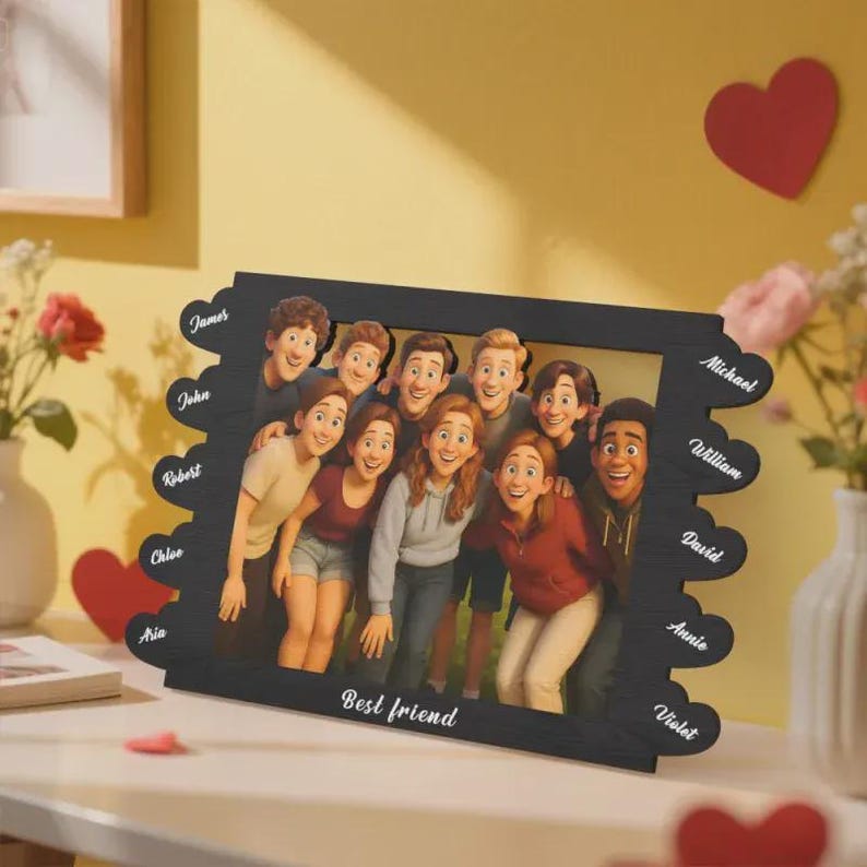 Engraved Cartoon Photo Frame: Personalized Pixar-Style Family Gift