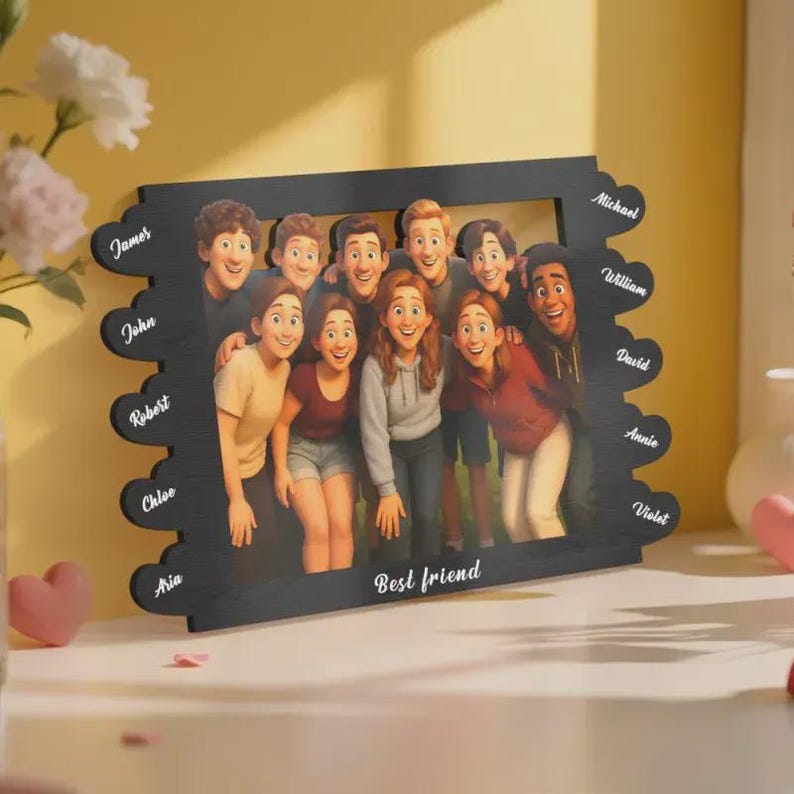 Engraved Cartoon Photo Frame: Personalized Pixar-Style Family Gift