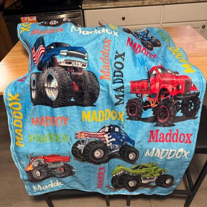 Personalized Monster Truck Kids Blanket - Custom Boys Name Throw
