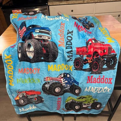 Personalized Monster Truck Kids Blanket - Custom Boys Name Throw