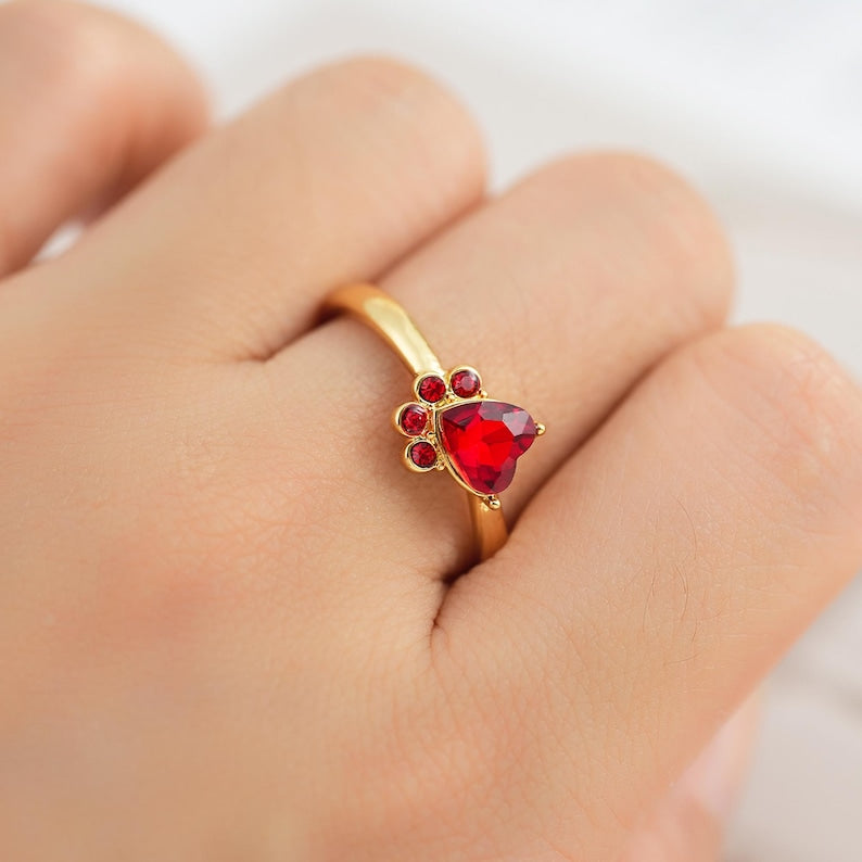 Personalized Cat Paw Birthstone Ring: Sterling Silver Pet Memorial