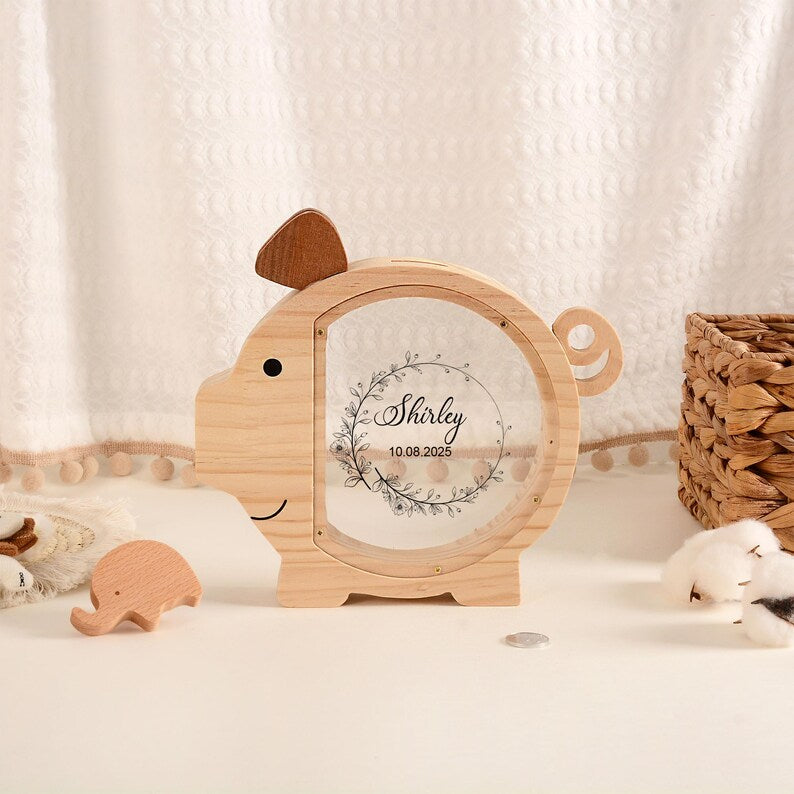 Custom Kid Name Piggy Bank, Custom Wooden Pig Coin Bank, Baptism Gift