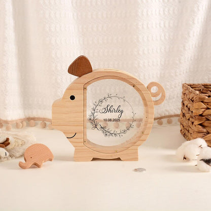 Custom Kid Name Piggy Bank, Custom Wooden Pig Coin Bank, Baptism Gift