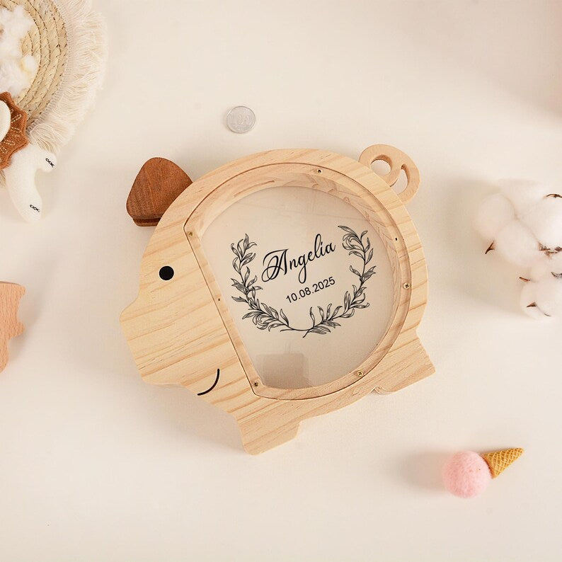 Custom Kid Name Piggy Bank, Custom Wooden Pig Coin Bank, Baptism Gift