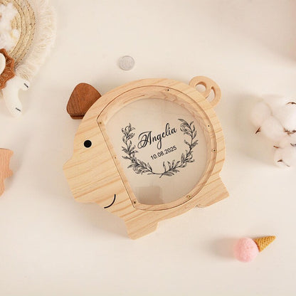 Custom Kid Name Piggy Bank, Custom Wooden Pig Coin Bank, Baptism Gift