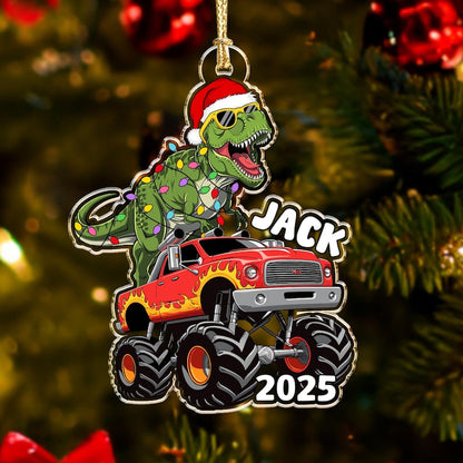 Personalized Boy Christmas Ornament, Dinosaur Riding Monster Truck Ornament