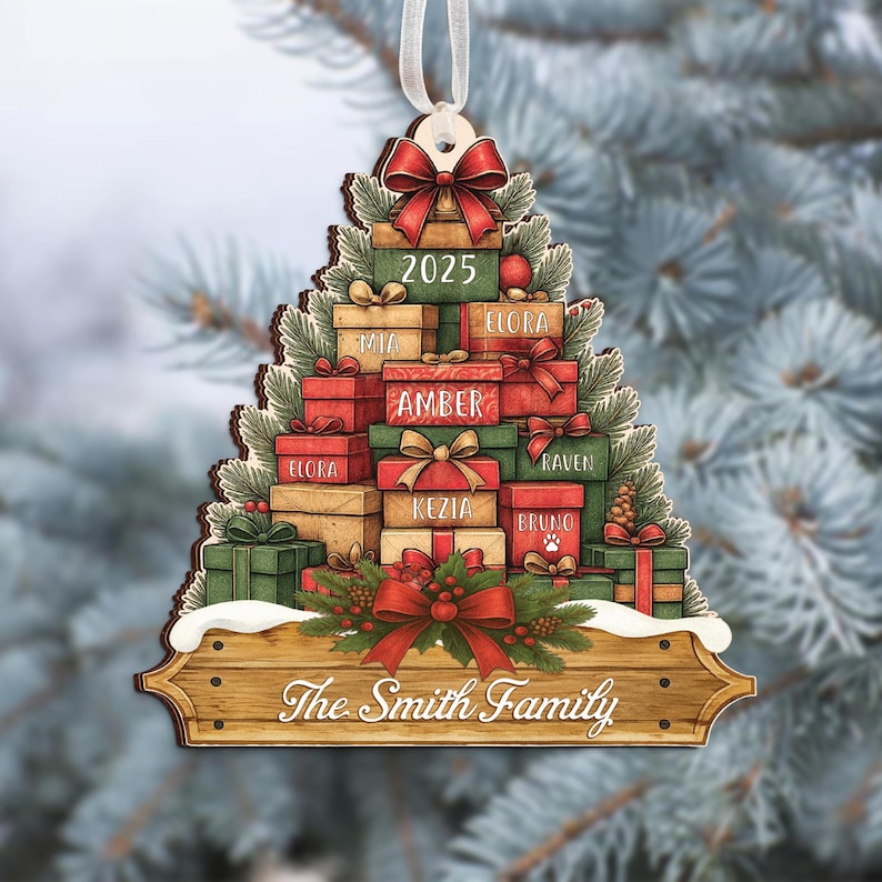 Family Christmas Ornament 2025, Personalized Stacked Gifts Family Ornament