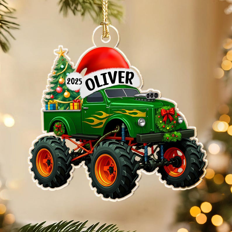 Personalized Monster Truck Christmas Ornament with Name: Kids Boy Xmas Gifts