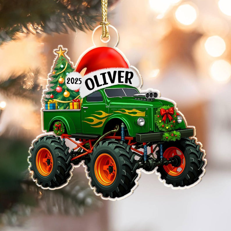 Personalized Monster Truck Christmas Ornament with Name: Kids Boy Xmas Gifts