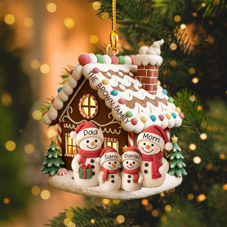 Personalized Gingerbread House Ornament, Custom Snowman Family Gift