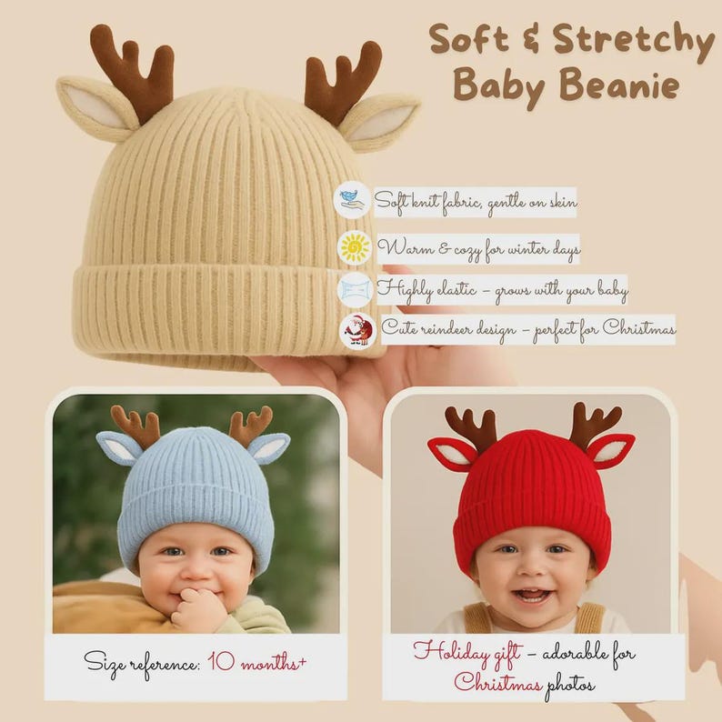 Personalized Reindeer Baby Beanie, Custom Knit Christmas Hat with Name