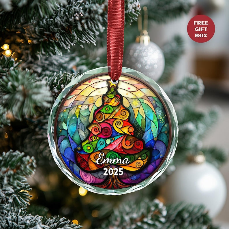Personalized Christmas Tree Stained Glass Ornament, Custom Name Holiday Tree Decoration
