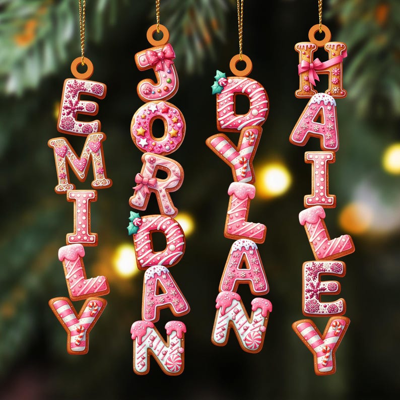 Pink Christmas Gingerbread Alphabet Ornament, Christmas Tag for Stockings